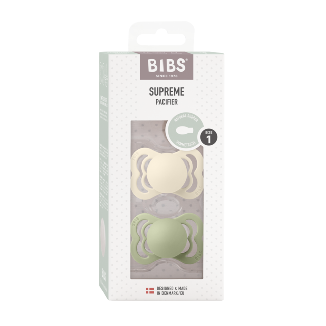 Bibs - set 2 suzete supreme latex, tetina simetrica, 0 luni +-ivory/sage bbb170346