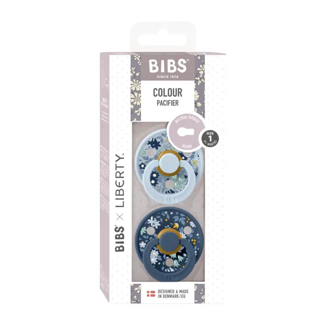 Bibs x liberty - set 2 suzete colour chamomile lawn latex, tetina rotunda, 0 luni+-baby blue/steel blue bbb11012102