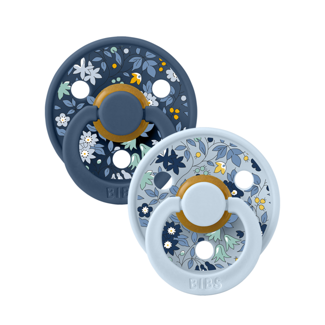 Bibs x liberty - set 2 suzete colour chamomile lawn latex, tetina rotunda, 6 luni+-baby blue/steel blue bbb12012102
