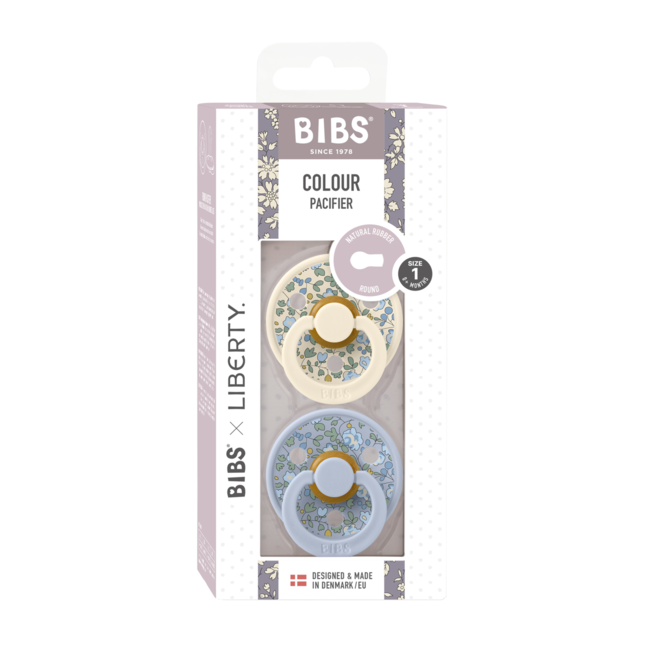 Bibs x liberty - set 2 suzete colour eloise latex, tetina rotunda, 0 luni+- dusty blue/ivory bbb11011101