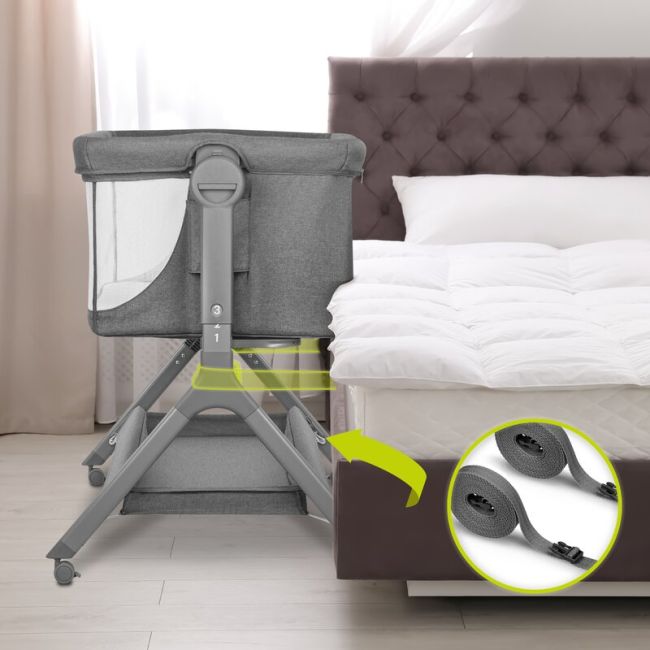 Lionelo - Patut co-sleeper Leonie Plus, Pliabil, Cu sistem de leganare, Cu setare unghiulara, Reglabil in 6 pozitii pe inaltime, Conform cu standardele europeane de securitate EN1130 si EN16890, Gri BYNLO-LEONIE_PLUS_GREY_STONE