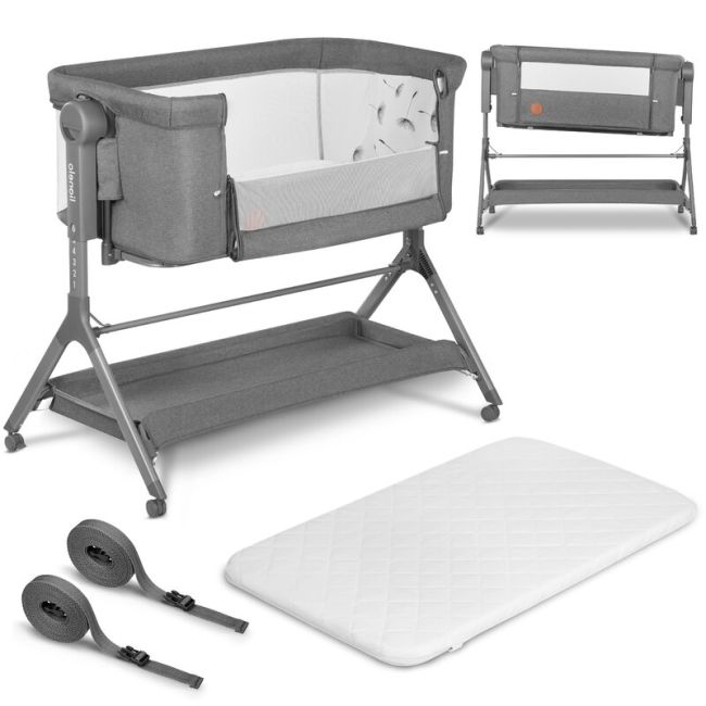 Lionelo - Patut co-sleeper Leonie Plus, Pliabil, Cu sistem de leganare, Cu setare unghiulara, Reglabil in 6 pozitii pe inaltime, Conform cu standardele europeane de securitate EN1130 si EN16890, Gri BYNLO-LEONIE_PLUS_GREY_STONE