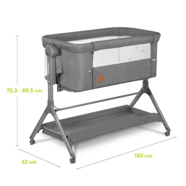 Lionelo - Patut co-sleeper Leonie Plus, Pliabil, Cu sistem de leganare, Cu setare unghiulara, Reglabil in 6 pozitii pe inaltime, Conform cu standardele europeane de securitate EN1130 si EN16890, Gri BYNLO-LEONIE_PLUS_GREY_STONE