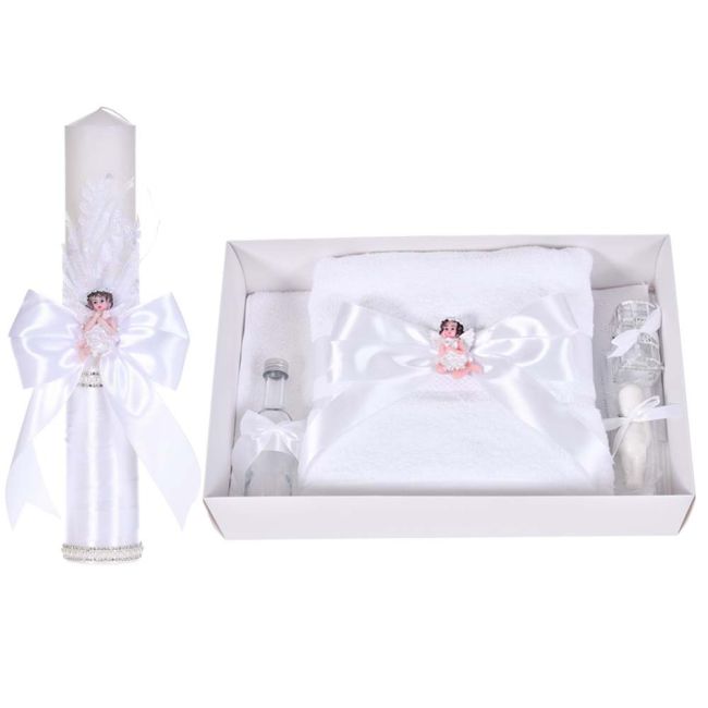 Lumanare botez eleganta cu ingeras si trusou botez asortat, decor Alb, Denikos® C9309 NKO6032