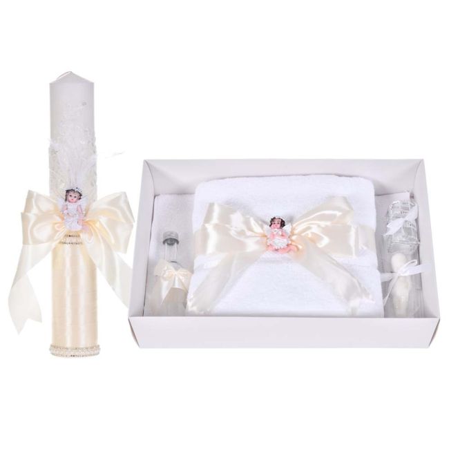 Set botez cu lumanare decor dantela, margelute si ingeras si trusou botez asortat, Crem / Ivoire, Denikos® C9314 NKO6037