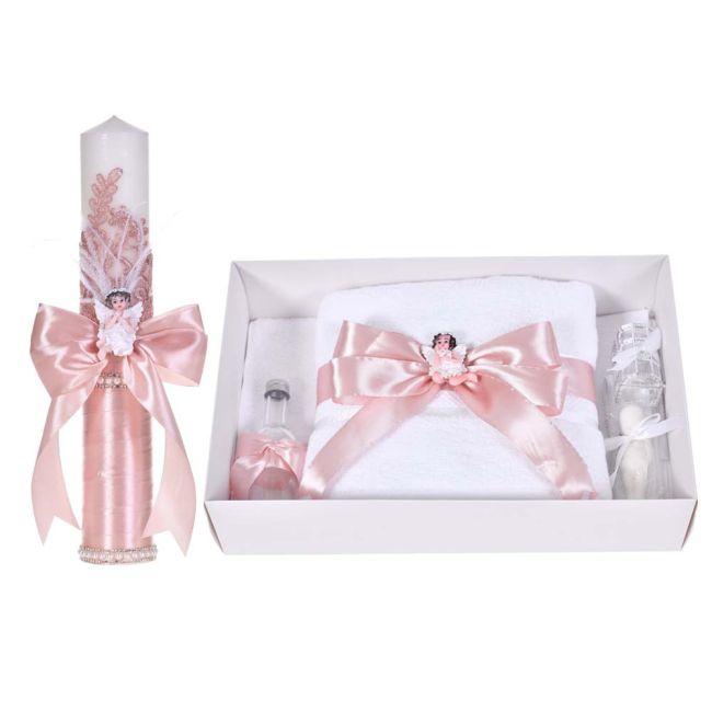 Set botez sic cu lumanare decor dantela, margelute si ingeras si trusou botez asortat, Roz pudra, Denikos® C9316 NKO6039