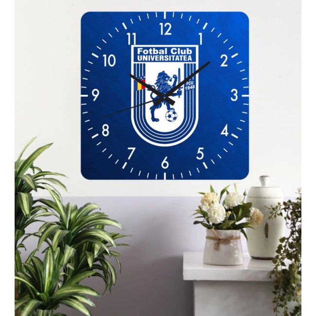 Ceas de perete fcu craiova -albastru-30x30 cm-plastic-patrat