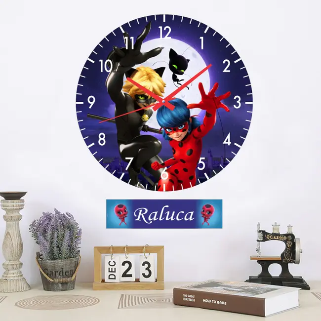 Ceas Pentru Copii Buburuza Si Motan Noir -albastru-plastic-rotund-30 Cm