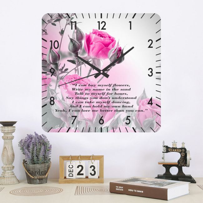 Ceas de perete flowers -roz-48x48 cm-plastic-patrat