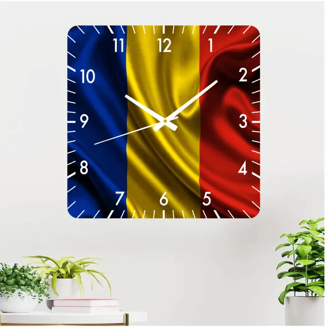 Ceas De Perete Steag Romania -30x30 Cm-plastic-patrat-multicolor