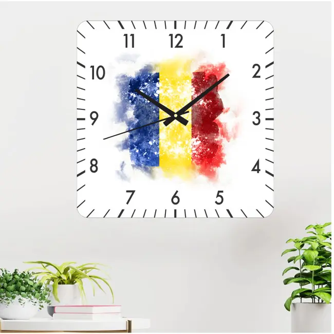 Ceas De Perete Steag Romania 1 -30x30 Cm-plastic-patrat-multicolor