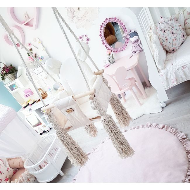 Leagan Pentru Copii Si Bebelusi, Catifea Velvet, Perna Detasabila Ursulet Teddy Vintage Beige Pjb202401