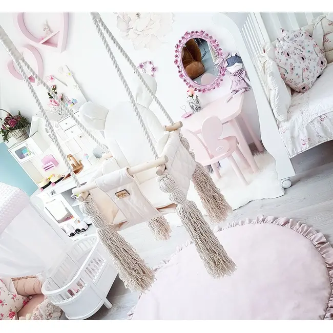 Leagan Pentru Copii Si Bebelusi, Catifea Velvet, Perna Detasabila Ursulet Teddy Vintage Beige Pjb202401