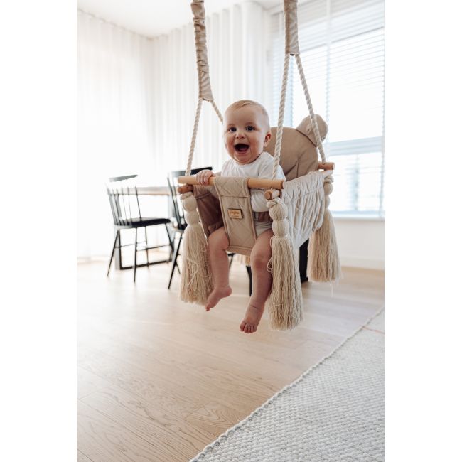 Leagan Pentru Copii Si Bebelusi, Catifea Velvet, Perna Detasabila Ursulet Teddy Vintage Beige Pjb202401