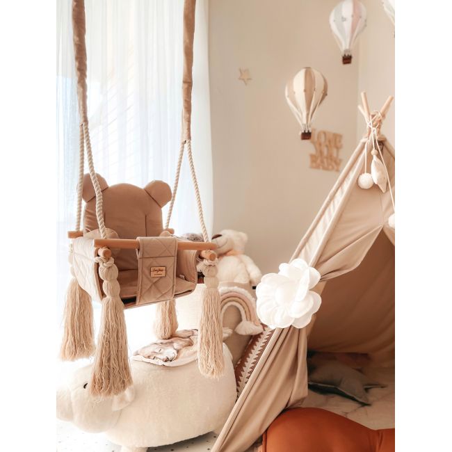Leagan Pentru Copii Si Bebelusi, Catifea Velvet, Perna Detasabila Ursulet Teddy Vintage Beige Pjb202401