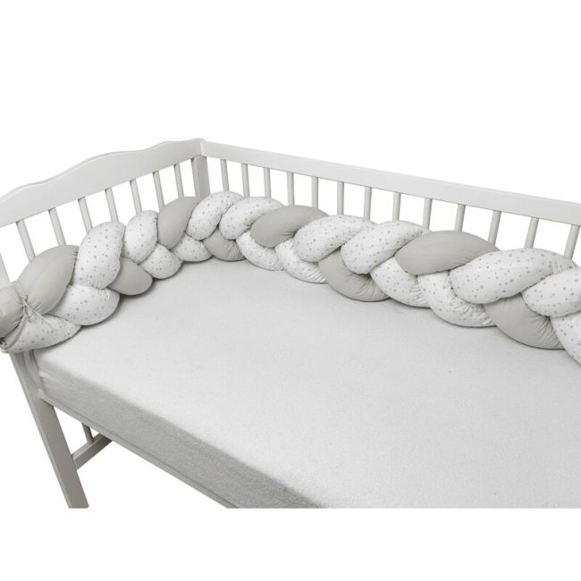 MimiNu - Protectie laterala pentru patut bebe, Tip Bumper impletit, Din bumbac, Din materiale certificate Oeko Tex Standard 100, Lungime 220 cm, Mini Gray Stars BYN6426972023900