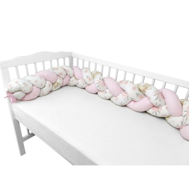 MimiNu - Protectie laterala pentru patut bebe, Tip Bumper impletit, Din bumbac, Din materiale certificate Oeko Tex Standard 100, Lungime 220 cm, Sweet Deer Pink BYN6426972023825