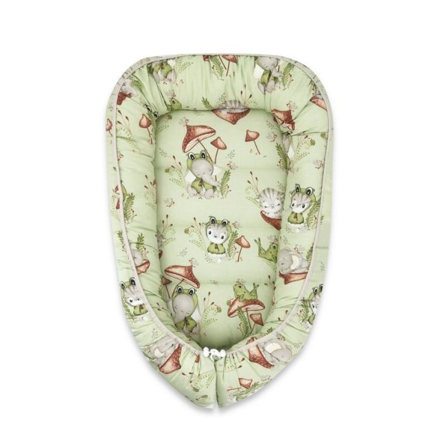 Qmini - Cosulet bebelus pentru dormit, Baby Cocoon 75x55 cm, Husa 100% bumbac, Din bumbac certificat Oeko Tex Standard 100, Frogs BYN6426972023368