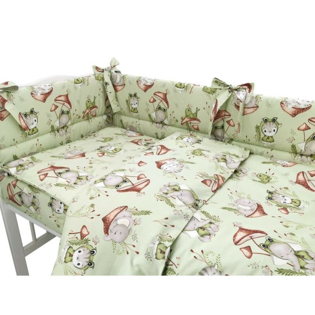 Qmini - Lenjerie patut 3 piese, Cu protectie laterala, Din bumbac certificat Oeko Tex Standard 100, Pentru patut 120x60 cm, Frogs BYN6426972023320