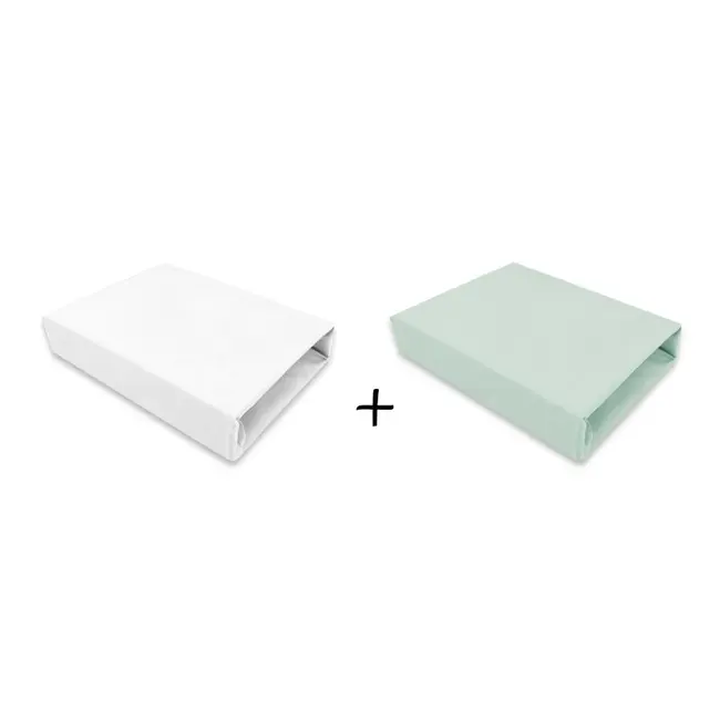 Qmini - Set 2 cearceafuri cu elastic pentru patut leagan sau patut co-sleeper, 90x50 cm, Din bumbac, Material certificat Oeko Tex Standard 100, White and Cold Mint BYN6426972023979