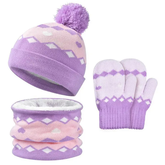 Set lila cu roz imblanit - caciulita cu fular si manusi MDHT2023-2-2-ca1