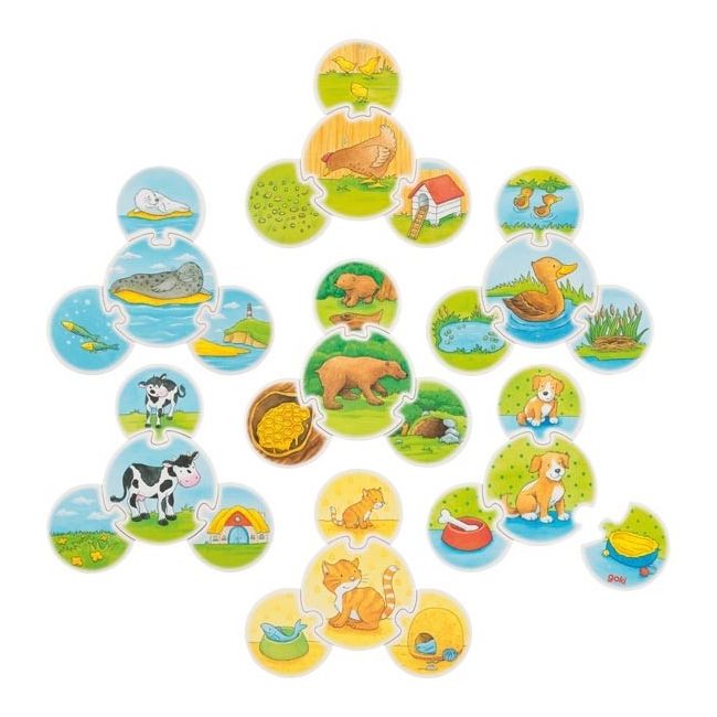 Joc puzzle de asociere animalele - hrana, mediul de viata si puii - okegoki56811