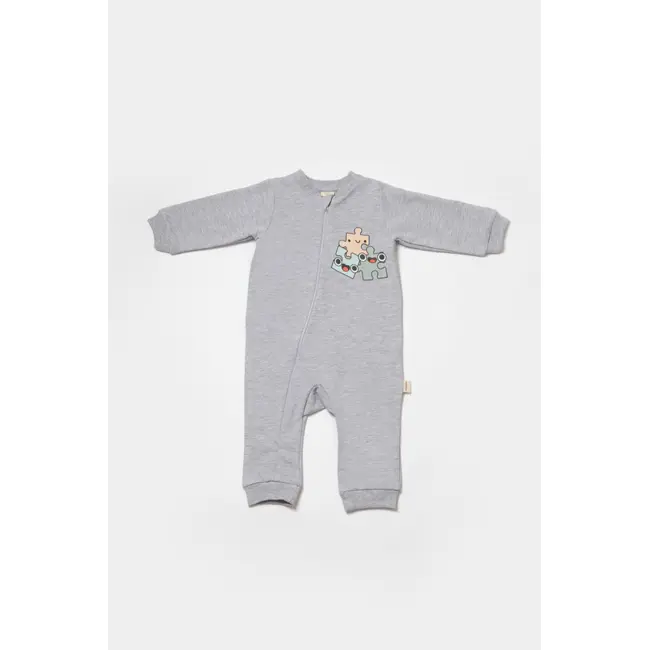 Salopeta cu fermoar, Two thread, BabyCosy, 100% bumbac organic, Gri (Marime: 9-12 luni) JEMBC-CSY8028-9