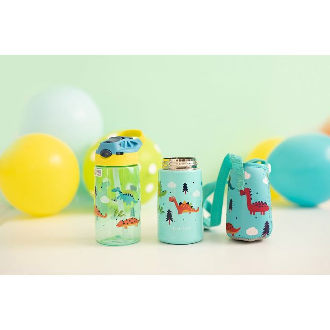 Set 3 in 1 recipient din tritan cu pai 500 ml, termos otel inoxidabil 350 ml, cu capac,maner, husa neopren si bretea transport olmitos dino lvtkolm1765