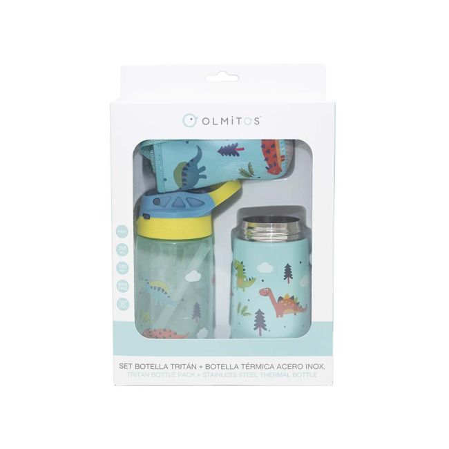 Set 3 in 1 recipient din tritan cu pai 500 ml, termos otel inoxidabil 350 ml, cu capac,maner, husa neopren si bretea transport olmitos dino lvtkolm1765