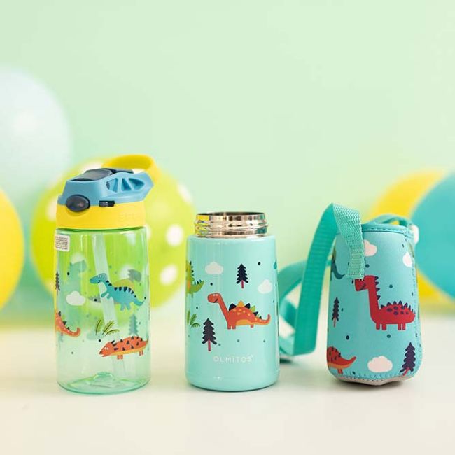 Set 3 in 1 recipient din tritan cu pai 500 ml, termos otel inoxidabil 350 ml, cu capac,maner, husa neopren si bretea transport olmitos dino lvtkolm1765
