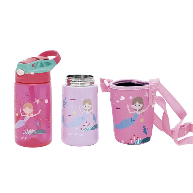 Set 3 in 1 recipient din tritan cu pai 500 ml, termos otel inoxidabil 350 ml, cu capac,maner, husa neopren si bretea transport olmitos mermaid lvtkolm1766