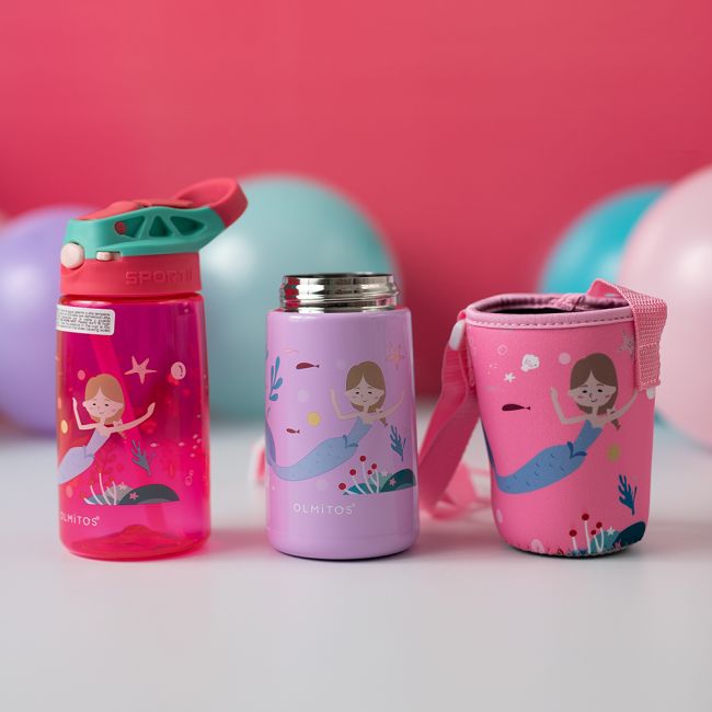 Set 3 in 1 recipient din tritan cu pai 500 ml, termos otel inoxidabil 350 ml, cu capac,maner, husa neopren si bretea transport olmitos mermaid lvtkolm1766