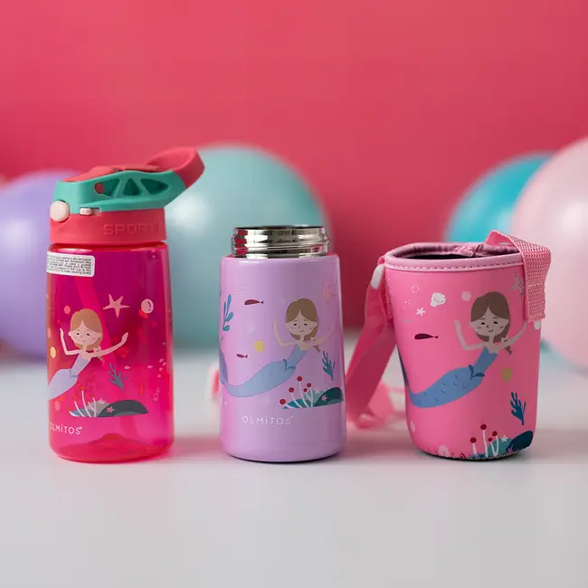 Set 3 in 1 recipient din tritan cu pai 500 ml, termos otel inoxidabil 350 ml, cu capac,maner, husa neopren si bretea transport olmitos mermaid lvtkolm1766