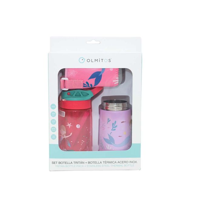 Set 3 in 1 recipient din tritan cu pai 500 ml, termos otel inoxidabil 350 ml, cu capac,maner, husa neopren si bretea transport olmitos mermaid lvtkolm1766
