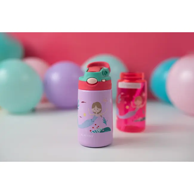 Set 3 in 1 recipient din tritan cu pai 500 ml, termos otel inoxidabil 350 ml, cu capac,maner, husa neopren si bretea transport olmitos mermaid lvtkolm1766