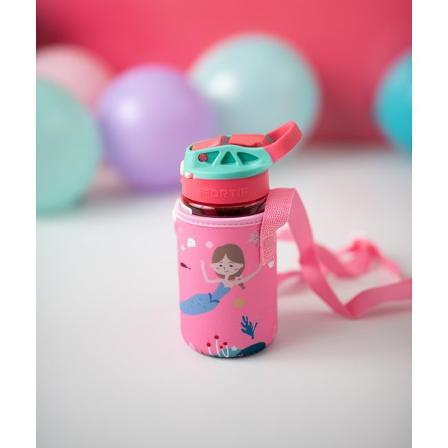 Set 3 in 1 recipient din tritan cu pai 500 ml, termos otel inoxidabil 350 ml, cu capac,maner, husa neopren si bretea transport olmitos mermaid lvtkolm1766