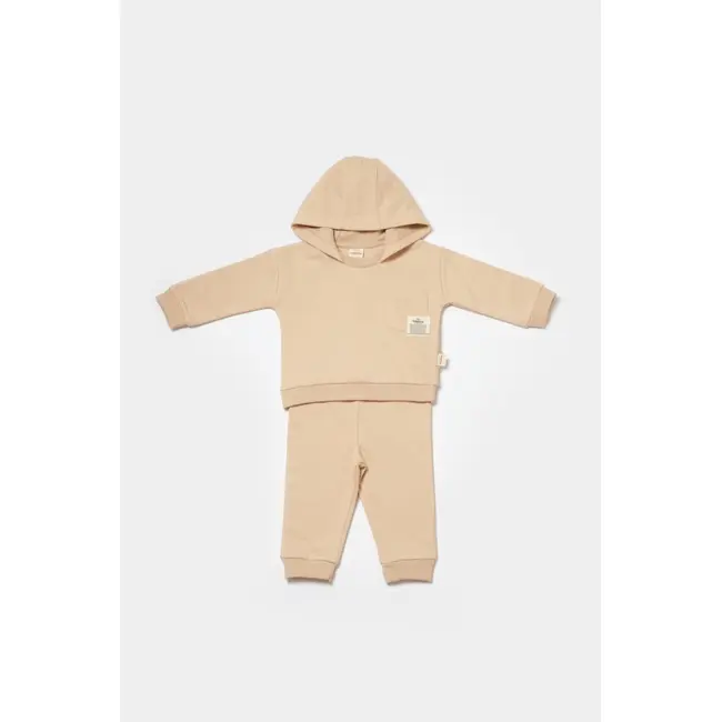 Set hanorac cu gluga si pantaloni, Two thread, 100%bumbac organic - Stone, BabyCosy (Marime: 3-6 Luni) JEMBC-CSY8003-3