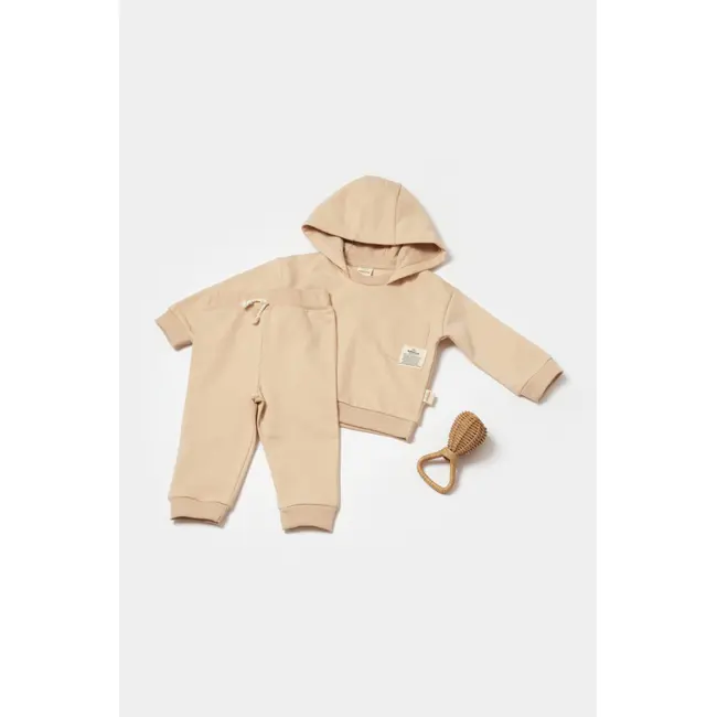 Set hanorac cu gluga si pantaloni, Two thread, 100%bumbac organic - Stone, BabyCosy (Marime: 9-12 luni) JEMBC-CSY8003-9