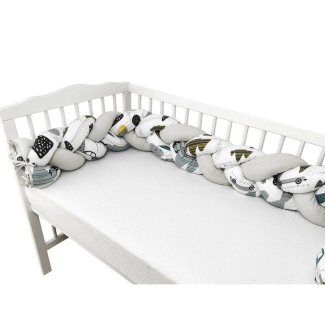 MimiNu - Protectie laterala pentru patut bebe, Tip Bumper impletit, Din bumbac, Din materiale certificate Oeko Tex Standard 100, Lungime 220 cm, Childrens Journey Grey  BYN6426972023948