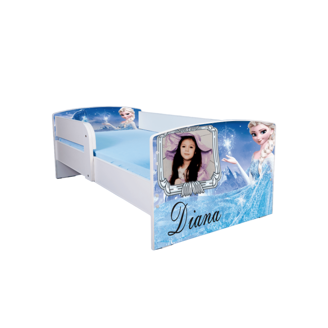 Pat Fetite Elsa Frozen La Comanda Cu Poza Si Nume Copil Cu Saltea Inclusa 130x60 Cm Si Sertar Ptv3276