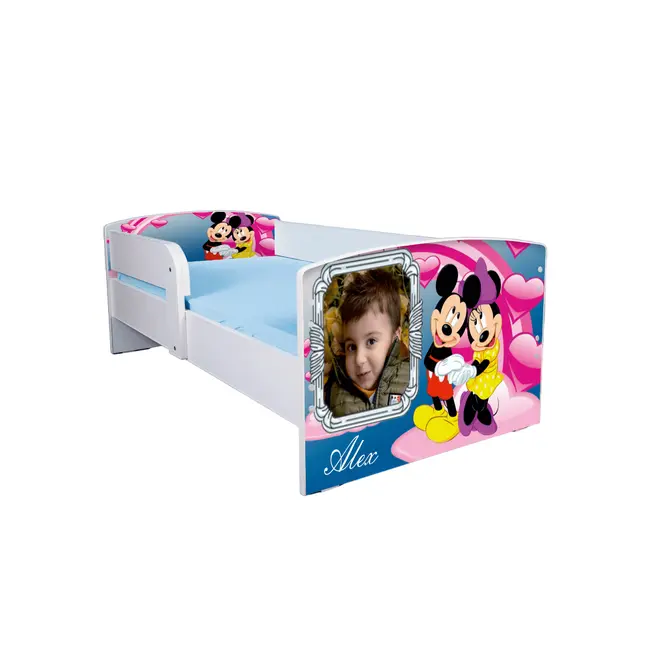 Pat Personalizat Cu Nume Si Fotografie Copil Mickey Si Minnie Cu Saltea SafeNest 130x60 Cm Si Sertar Incluse Ptv3247