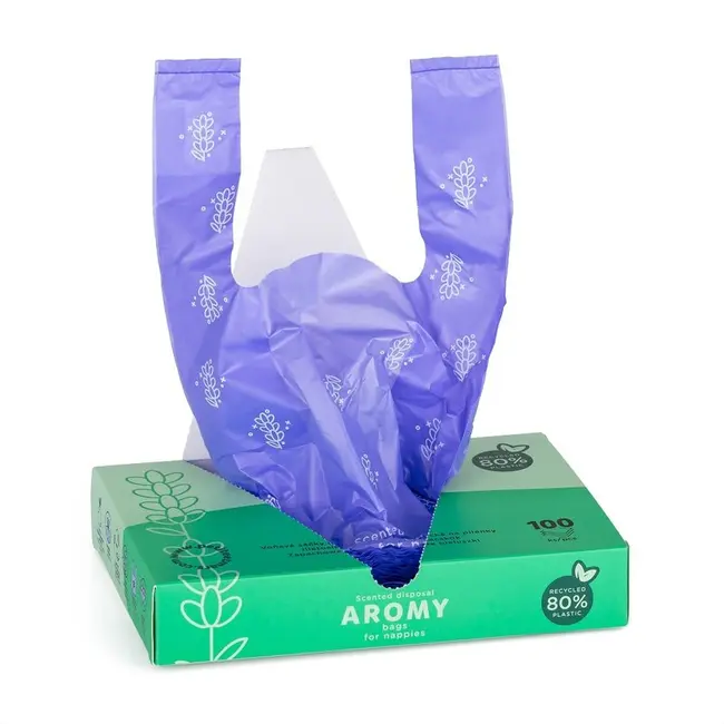 Petite&Mars - Saci parfumati pentru scutece, Aromy, Cu miros de lavanda, Rezistenti, Manere lungi, 100 bucati, Mov BYN306090