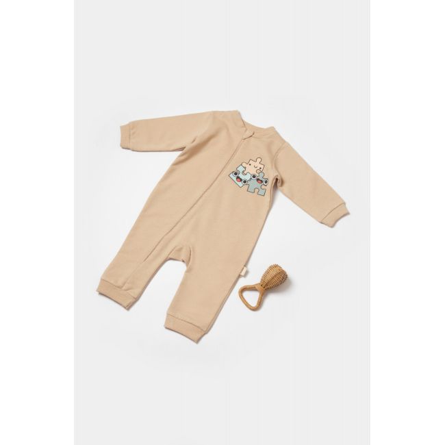 Salopeta cu fermoar, Two thread, BabyCosy, 100% bumbac organic, Stone (Marime: 12-18 Luni) JEMBC-CSY8031-12