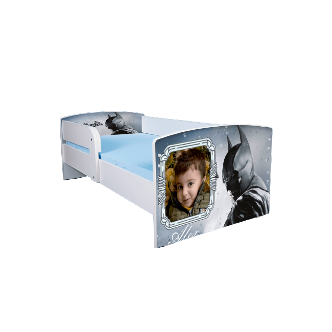 Pat Personalizabil Cu Poza Si Nume Baiat 2-12 Ani, Protectie Detasabila Batman, Cu Saltea SafeNest 160x80 Si Sertar -  Ptv2757