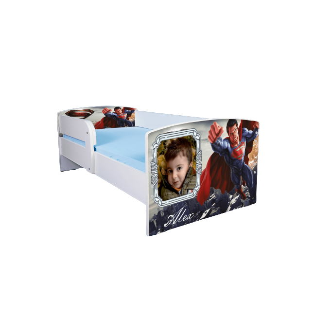Pat Personalizat Baieti 2-12 Ani Model Superman Cu Nume Si Poza Copil,  Saltea 160x80, Fara Sertar Ptv2803