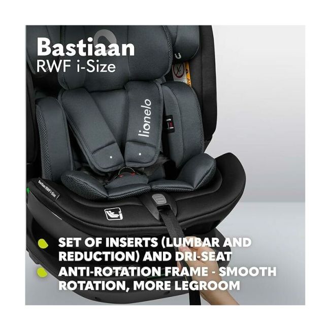 Lionelo - Scaun auto Bastiaan RWF i-Size, Pozitie de somn, Protectie laterala, Rotire 360 grade, 0-36 Kg, Cu Isofix si Centura Top Tether, Conform cu standardul european de securitate ECE R129, Gri BYNLO-BASTIAAN_RWF_ISIZE_GREY_STONE