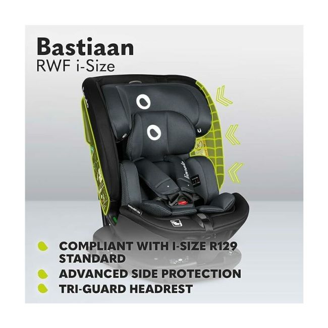 Lionelo - Scaun auto Bastiaan RWF i-Size, Pozitie de somn, Protectie laterala, Rotire 360 grade, 0-36 Kg, Cu Isofix si Centura Top Tether, Conform cu standardul european de securitate ECE R129, Gri BYNLO-BASTIAAN_RWF_ISIZE_GREY_STONE