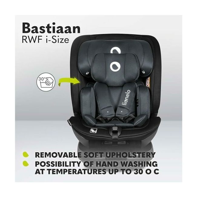 Lionelo - Scaun auto Bastiaan RWF i-Size, Pozitie de somn, Protectie laterala, Rotire 360 grade, 0-36 Kg, Cu Isofix si Centura Top Tether, Conform cu standardul european de securitate ECE R129, Gri BYNLO-BASTIAAN_RWF_ISIZE_GREY_STONE