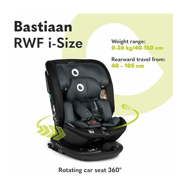 Lionelo - Scaun auto Bastiaan RWF i-Size, Pozitie de somn, Protectie laterala, Rotire 360 grade, 0-36 Kg, Cu Isofix si Centura Top Tether, Conform cu standardul european de securitate ECE R129, Gri BYNLO-BASTIAAN_RWF_ISIZE_GREY_STONE