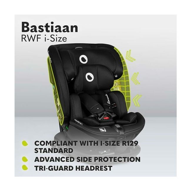 Lionelo - Scaun auto Bastiaan RWF i-Size, Pozitie de somn, Protectie laterala, Rotire 360 grade, 0-36 Kg, Cu Isofix si Centura Top Tether, Conform cu standardul european de securitate ECE R129, Negru BYNLO-BASTIAAN_RWF_ISIZE_BLACK_CARBON
